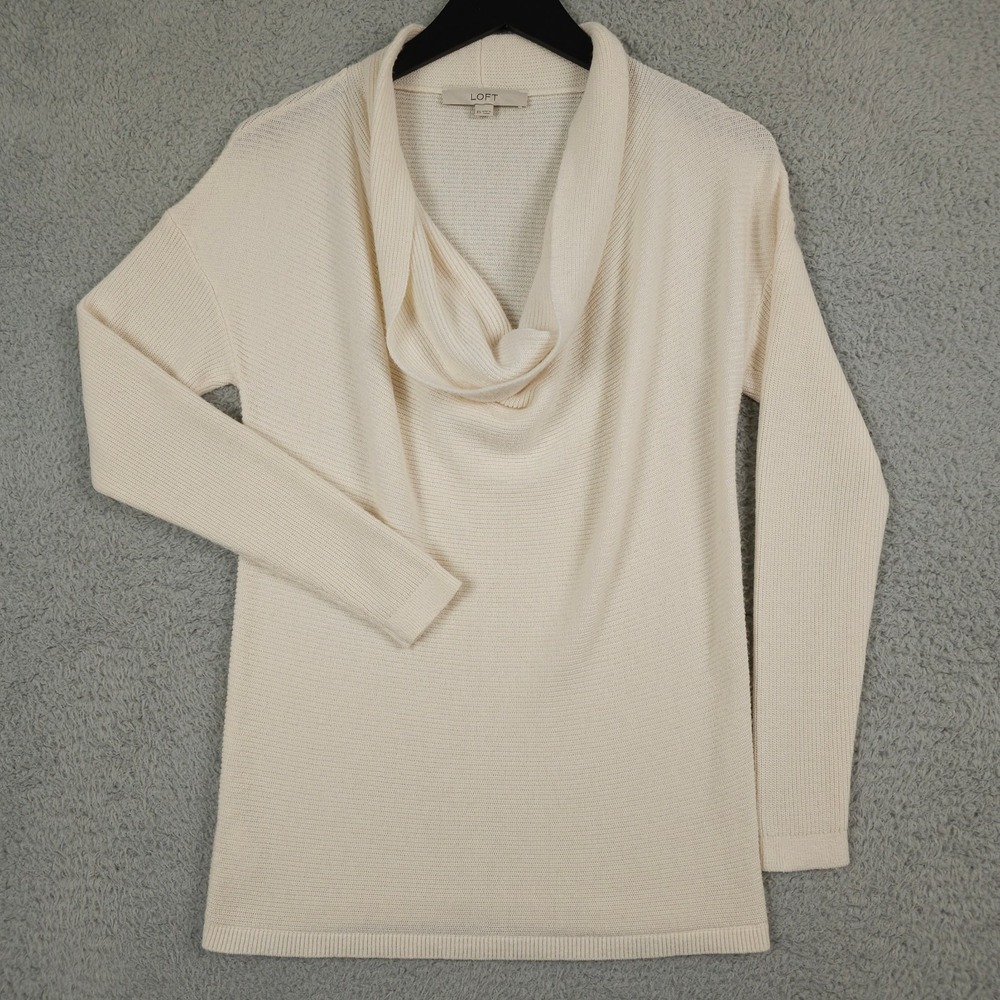 Ann Taylor LOFT Sweater Womens XS Cream Ribbed Knit Cowl Neck Wool Blend Tunic